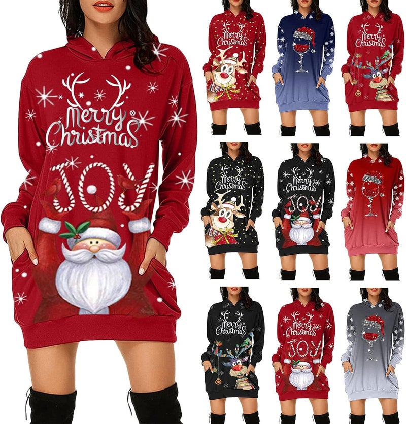 woobles Hoodie Dress, Womens Hoodie Dress Christmas Pattern Print Polyester Casual for Shopping - Image 1